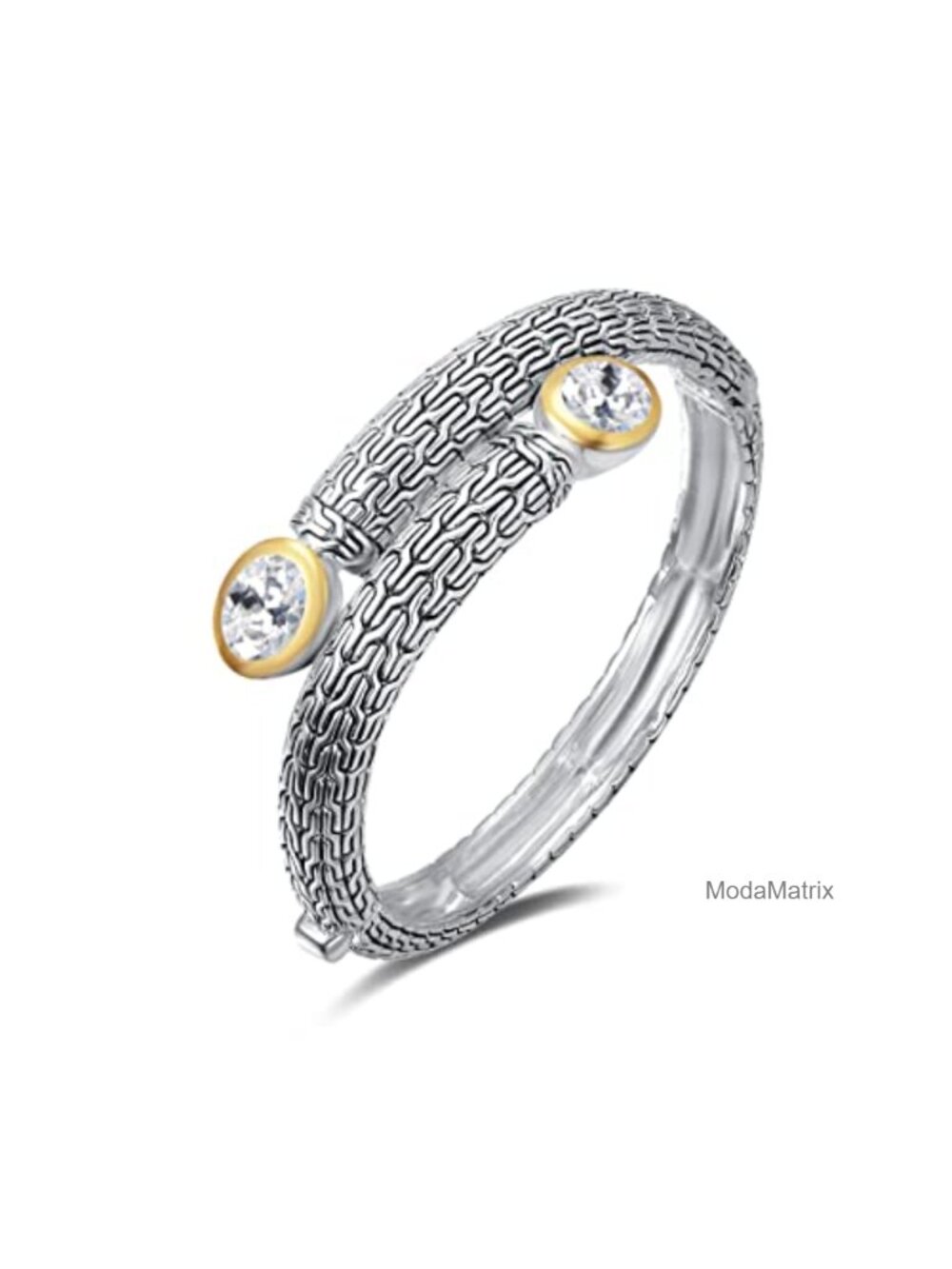 Multi Strand Foxtail Chain Woven Pattern CZ Bangle Bracelet Two Tone
